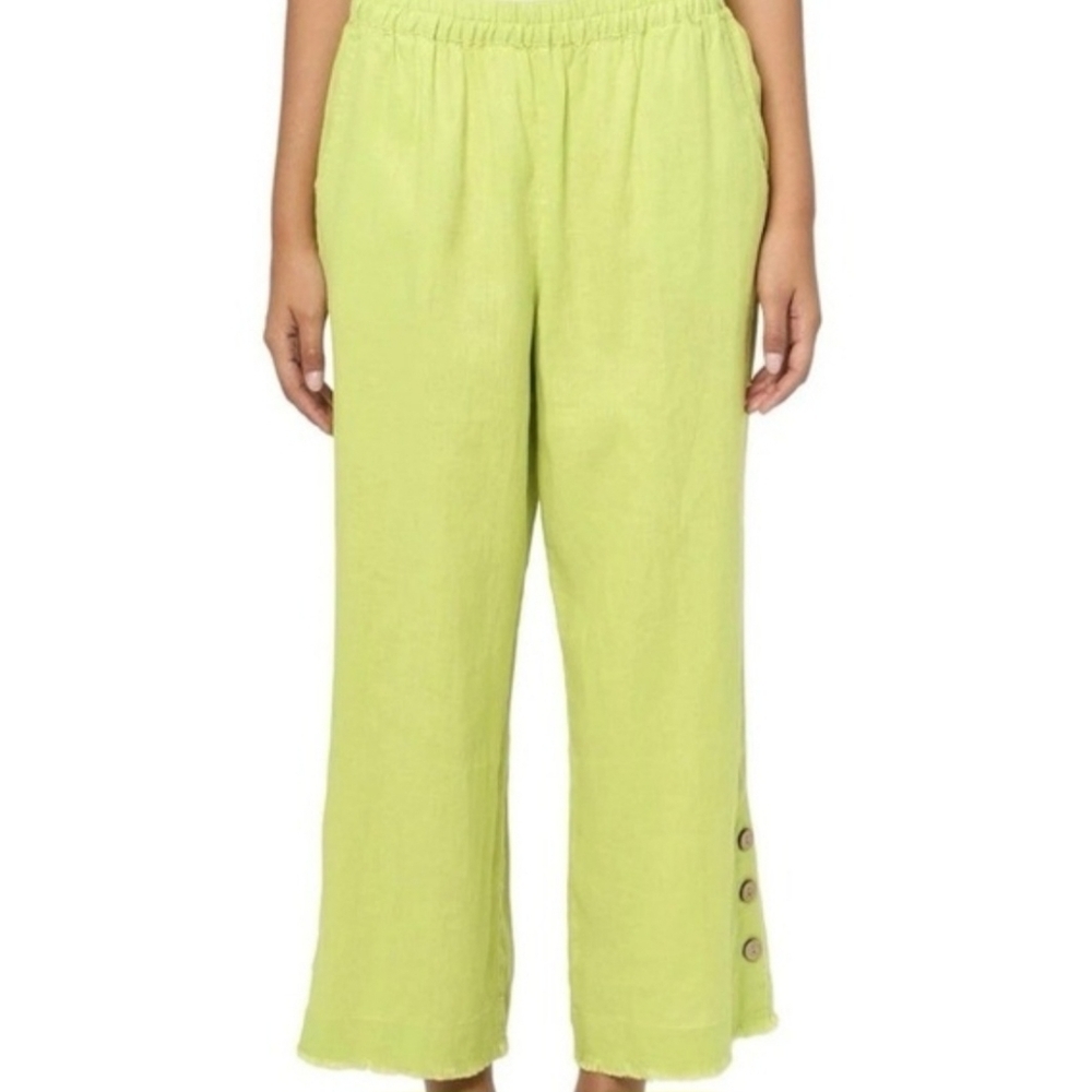 Ali Miles Linen Blend Lime Green Cropped Wide Leg Pants with Fringe Hem size 1X